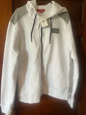 GUESS White and Gray Zip Hoodie with Black Trim
